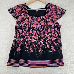 Apt. 9 Blouse Womens Petite Large Black Floral Flutter Sleeve Chiffon Top Lined